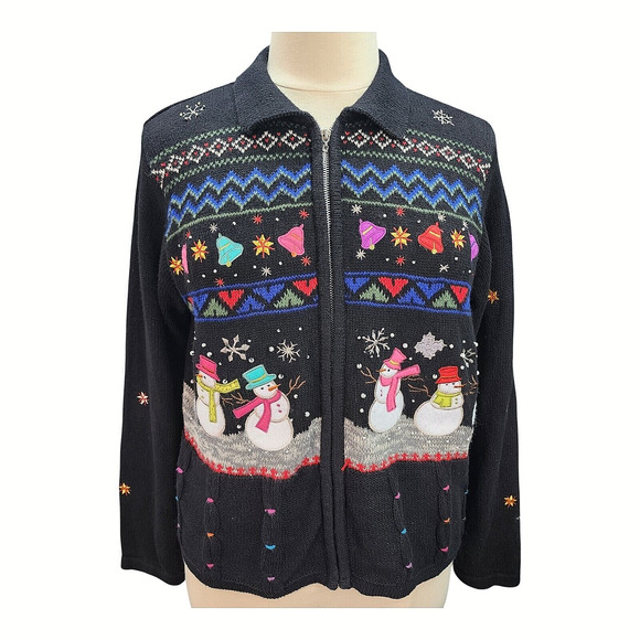Designers Originals Studio Sweater Women’s LARGE Christmas Black Snowman Holiday - Picture 2 of 16